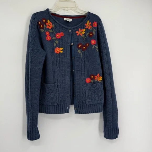 Sundance Woman's Sweater Cardigan Size XS Blue Floral Cable Knit Lambswool - Picture 9 of 9